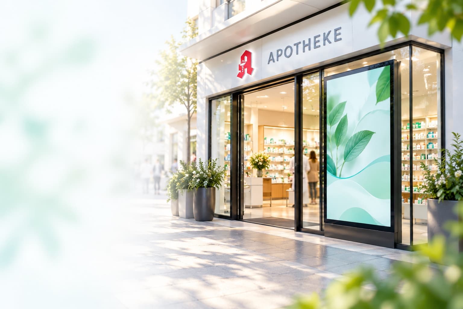 Visualisierung eines digitalen Schaufenster-Displays an einer modernen Apotheke